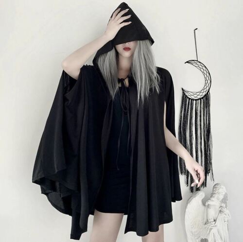 Witch Hooded Cape Goth Black Vampire Cape Harajuku Punk Pleated Outerwear Cloak - Afbeelding 1 van 12
