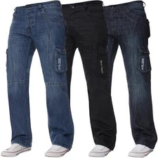 Kruze Mens Cargo Combat Jeans Heavy Duty Denim Trouser Work Pants All UK Sizes