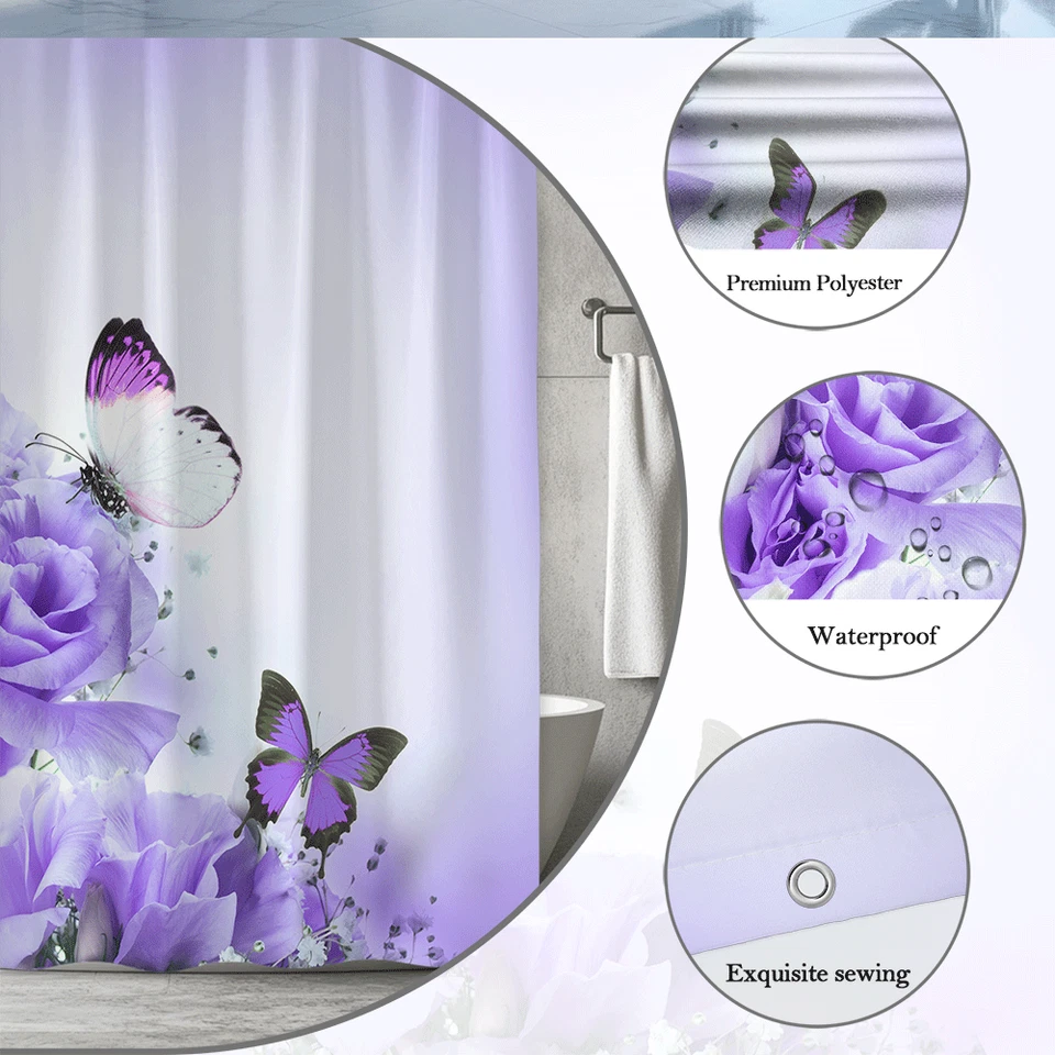 Cortina de Ducha Flor Mariposa Púrpura, Floral Romántico, Rosa Lavanda Foto 3 de 4