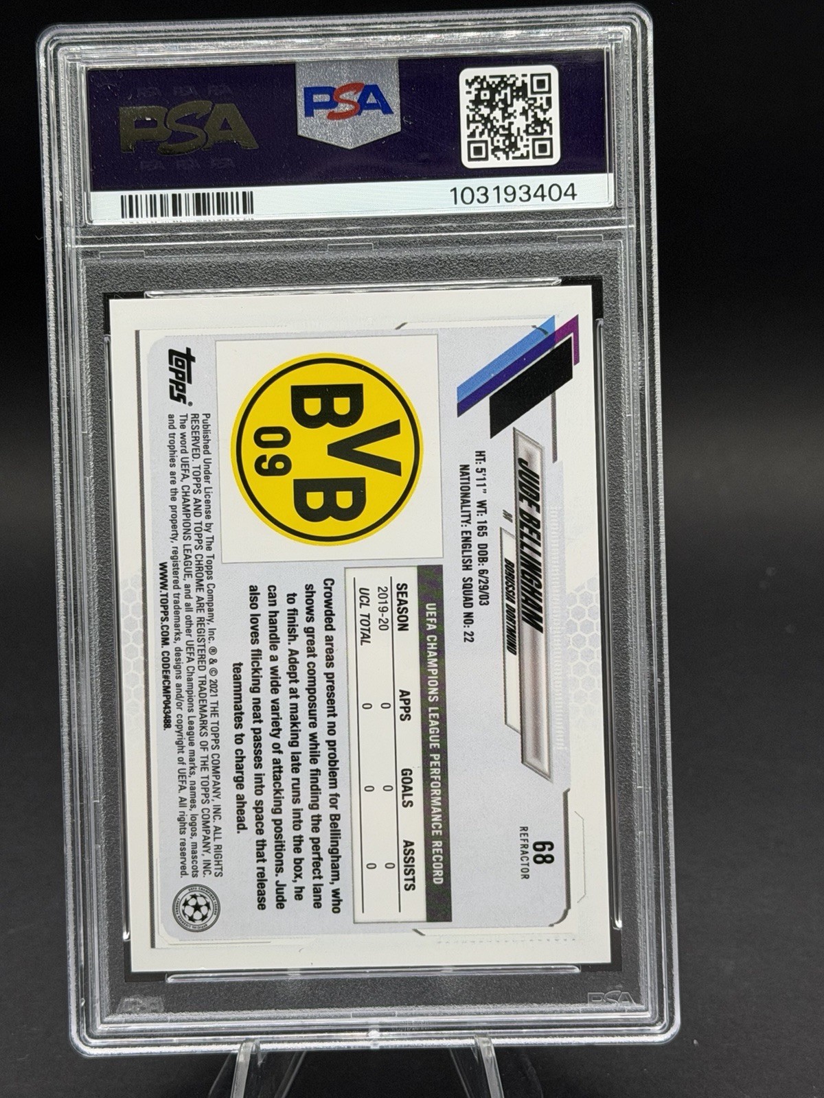 2020 Topps Chrome UCL #68 Jude Bellingham RefractorRookie RC Madrid BVB PSA 9 view 2