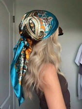 Womens Satin Scarf Teal Turquoise Floral Pais...