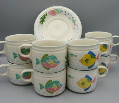 Barrier Reef by Studio Nova Cup and Saucer Set of 8 Y2310 Fish Aqua Flat Bottom