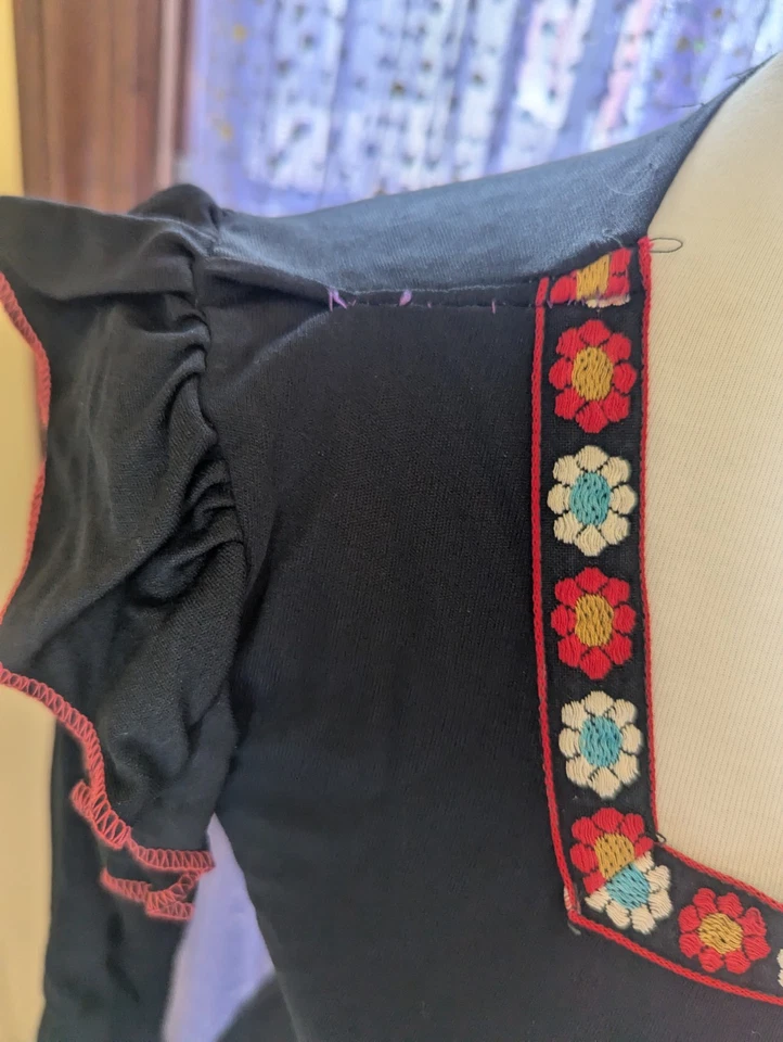 Camisa Top Vintage Años 70 Hippie Mangas con Volantes Borde de Cinta Negra Nylon Talla Pequeña Foto 3 de 4