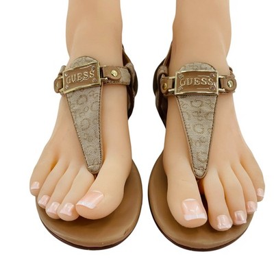Guess Shalia Tan Logo Fabric Low Heeled Thong Casual Summer Sandals 5.5