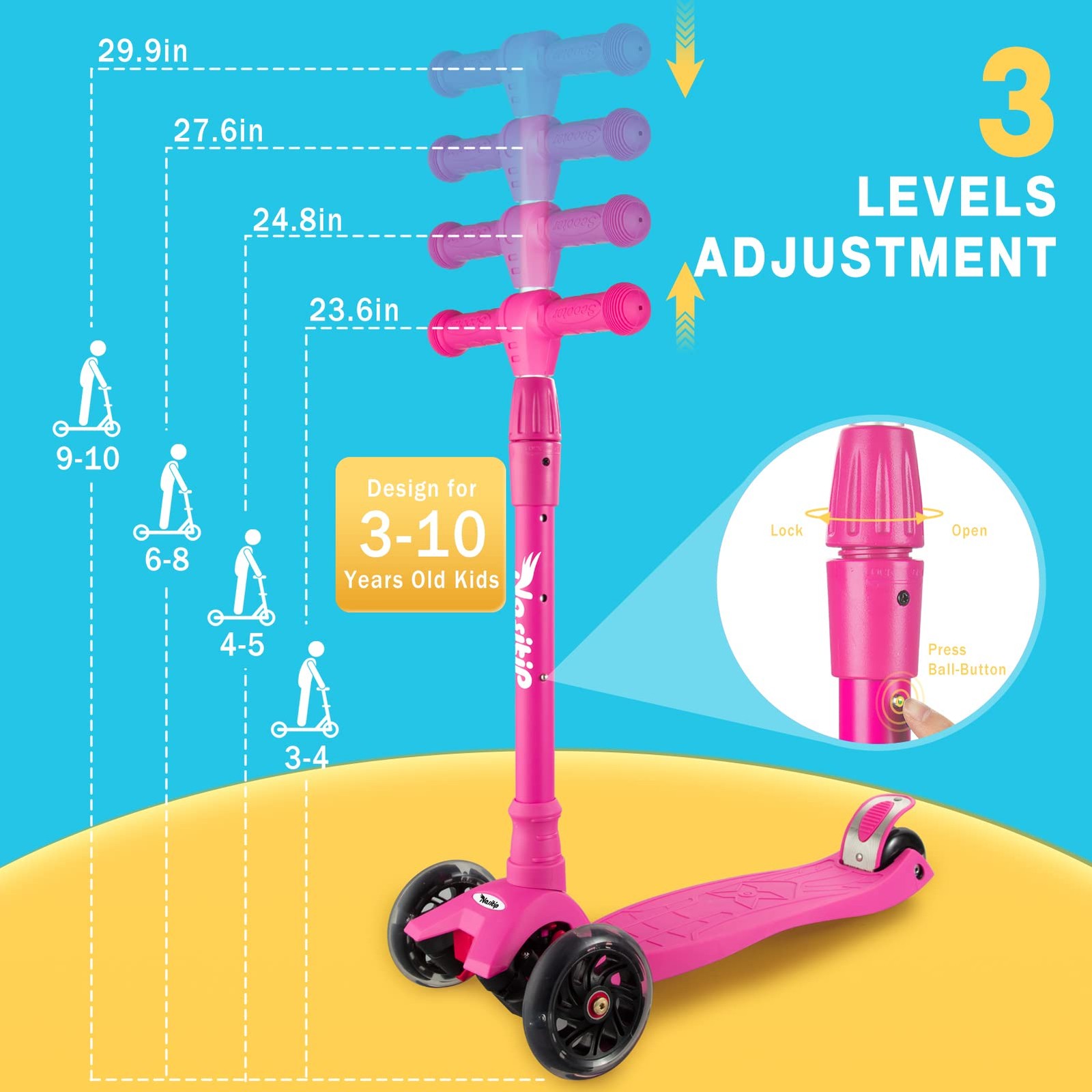 3 Wheel Scooter for Boys Girls Lean to Steer Toddlers W/4 Adjustable Handlebar