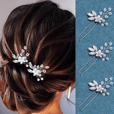Crystal Bride Wedding Hair Pins Silver Flower Bridal Head Piece Pearl Hair Ac...