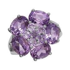 925 Sterling Silver Oval Amethyst Natural Gemstone Flower Cluster Women Ring