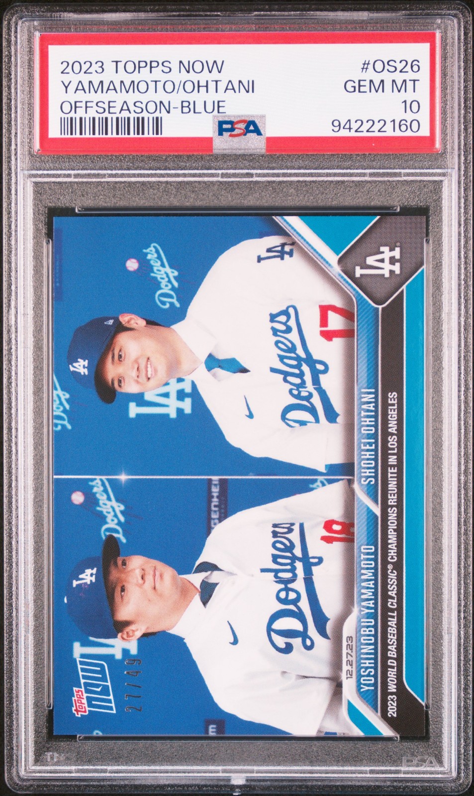 2023 TOPPS NOW OFFSEASON BLUE SHOHEI OHTANI/YOSHINOBU YAMAMOTO RC /49 PSA 10