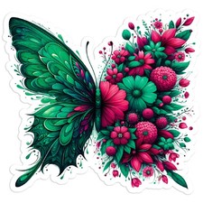 Green Flowers Butterfly Wings - Vinyl Decal Sticker - Car Window Laptop - 216