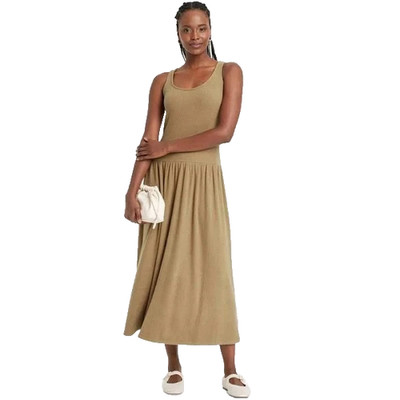 Universal Thread Women's Sleeveless Drop Waist Rib Knit Midi Dress - Tan Small