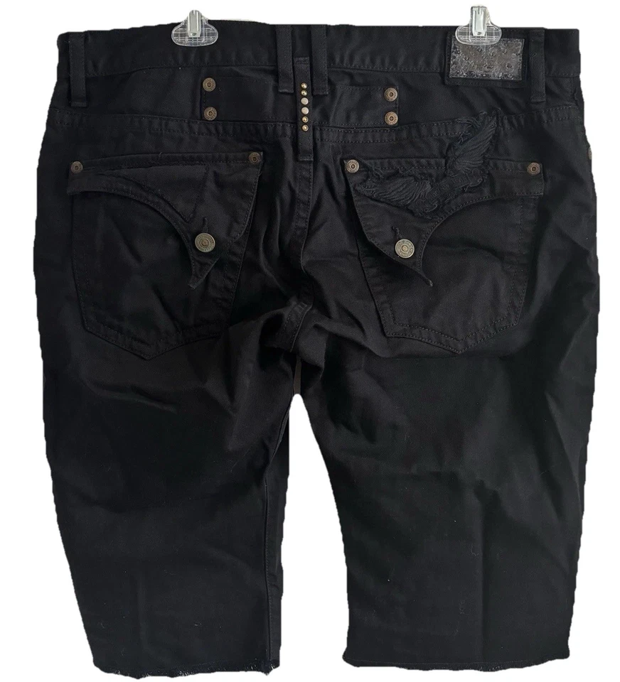 Robins Jean Black Bermuda Shorts Mens Distressed Long Flap Wings MISSING BUTTON - Image 2 of 4
