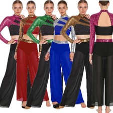 Women Costumes Gold Dancewear Ruffles Outfit Chiffon Dance Sequins Lyrical Back