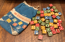 Vintage Playskool Wood Alphabet  Number Blocks Halsam Cloth Bag
