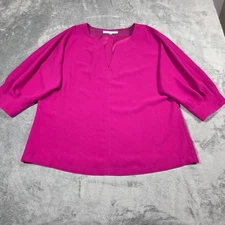 Trina Turk Top XL Fuschia Pink Noor Notch Neck 3/4 Puff Sleeve Beachy Blouse