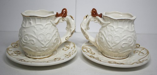 Pacific Rim Teapot Cups & Saucers Figural White Angel Figural Handles Set of 6 - Picture 5 of 14