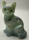 Fenton Glass Cat Green Opalescent Sitting/ Butterfly Hand Painted By Artist