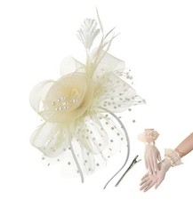 Women's Feather Mesh Flower Fascinator Hats for Women Wedding Tea Beige Set