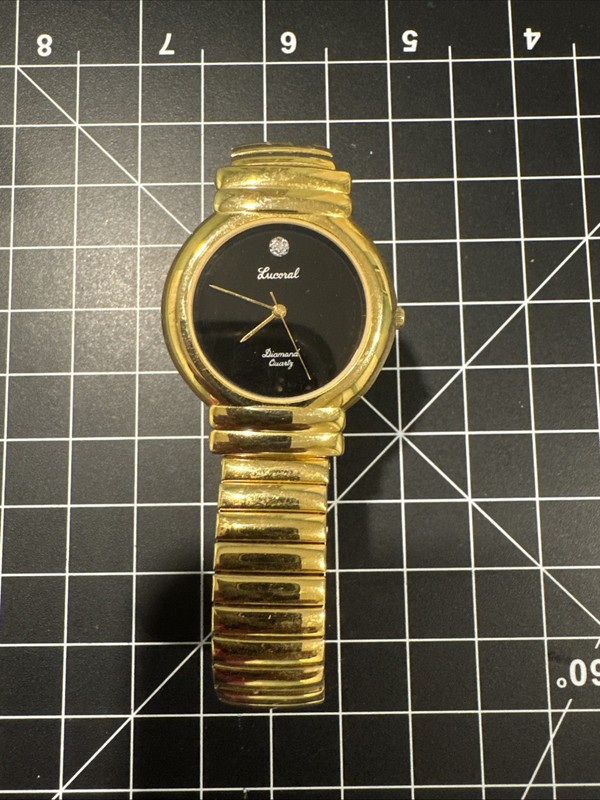 Vintage Lucoral Ladies Gold-Tone Expansion Watch - Black & Diamond Dial Untested