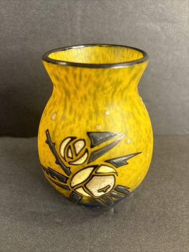 Art Deco Glass Vase/Signed/Delatte Nancy/France C1930/Enamel/Flower/Yellow/Blue - Picture 2 of 12
