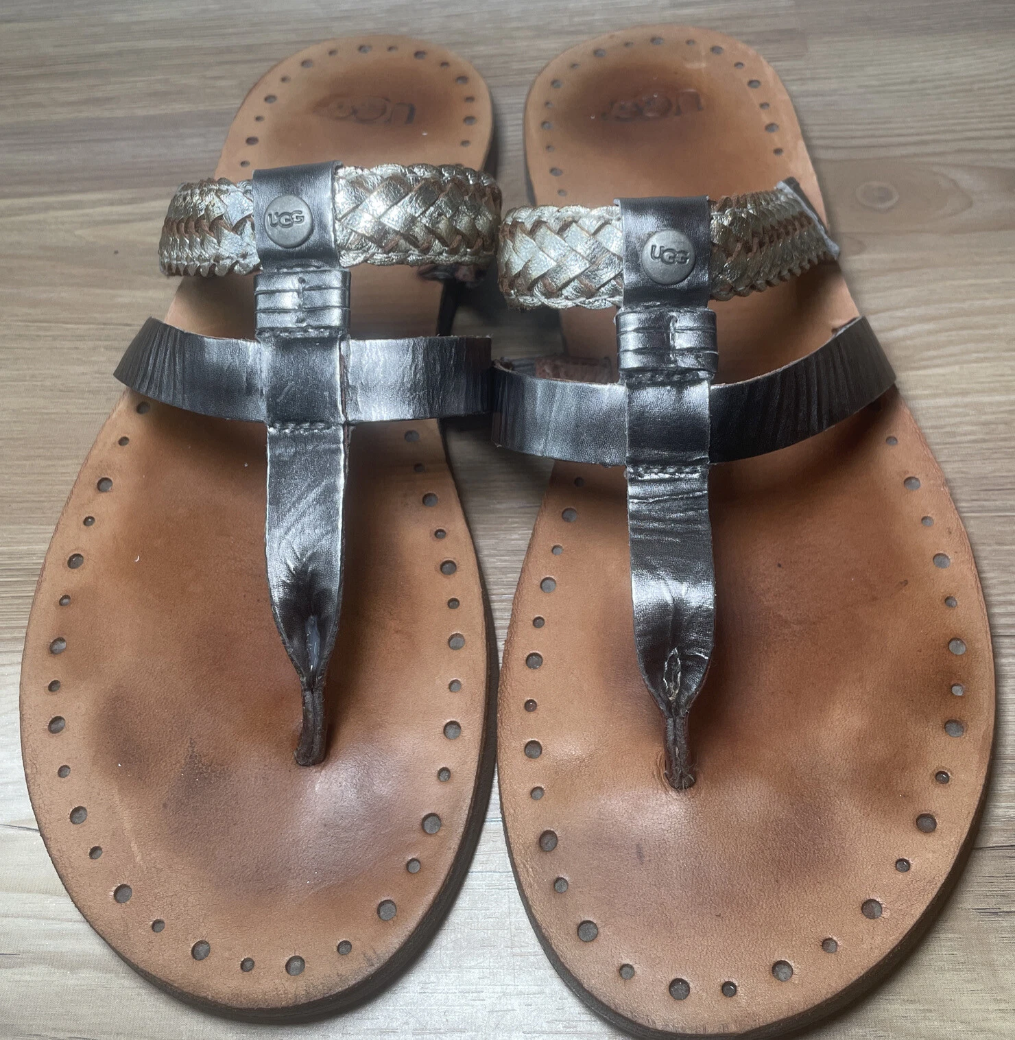 Sandali infradito UGG Audra treccia donna pelle metallizzata taglia 7 gladiatore