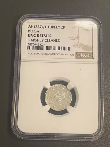OTTOMAN TURKEY BURSA MINT 2 KURUSH AH 1327/1 YEAR 1 NGC UNC DETAILS