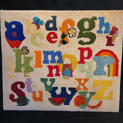 60s Charming Colorful Vintage Childrens  Alphabet Picture Needlepoint Sampler