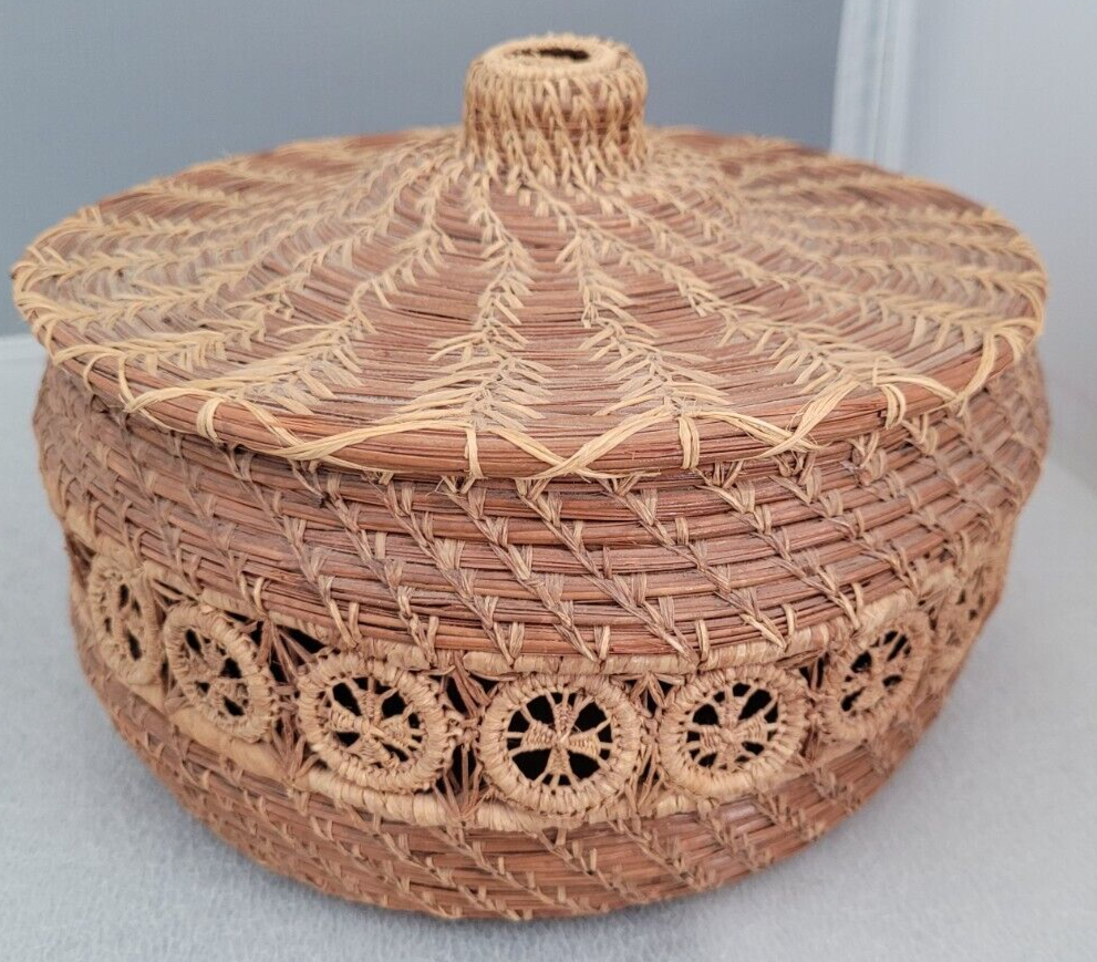 Vintage Coiled Pine Needle Basket, Nice Open Work, Lidded eBay
