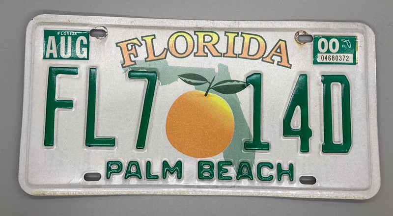Vintage 2000 Florida Palm Beach License Plate - Two Leaf Orange / State Outline