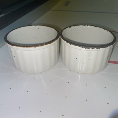 2 Individual Ramekins Midwinter Stonehenge Wedgwood White Brown Trim England