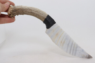 Flint Knapped Knife Banded Agate Blade Hafted on Deer Antler Handle Wiccan Wand