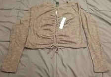 Wild Fable Shirt Womens Large Brown Gray Crop Keyhole Front Tie Long Sleeve