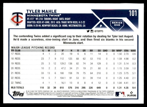 2023 Topps Tyler Mahle Minnesota Twins #101 - Picture 2 of 2