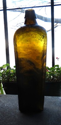 ANTIQUE DUTCH ''CASE'' GIN BOTTLE. 9.5'' TALL STRIPED OLIVE GLASS. CROSS w/3 BALLS