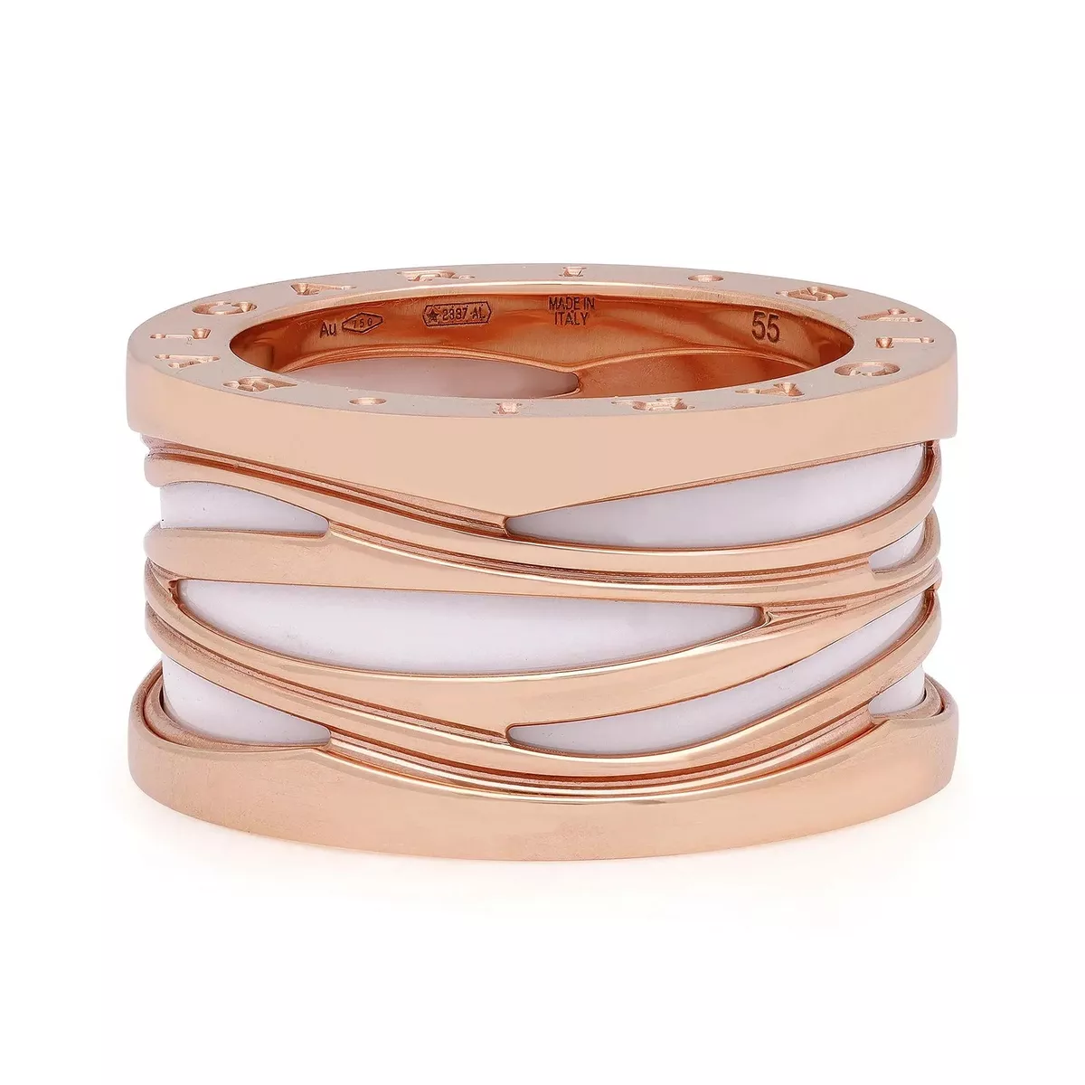 Bvlgari B.Zero1 Design Legend Ring 18K Rose Gold & White Ceramic Size 55 US 7.25