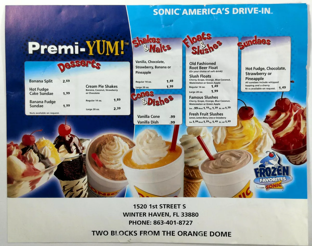 Vintage Original Menu SONIC DRIVE-IN Winter Haven Florida