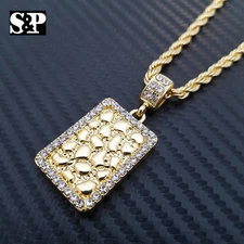 Hip Hop Iced Gold Plated Golden Nugget Bar Pendant & 24" Rope Chain Necklace