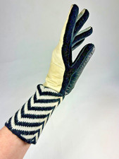 Vintage 1970's B W leather  knit ski gloves with chevron striped gauntlet cuffs