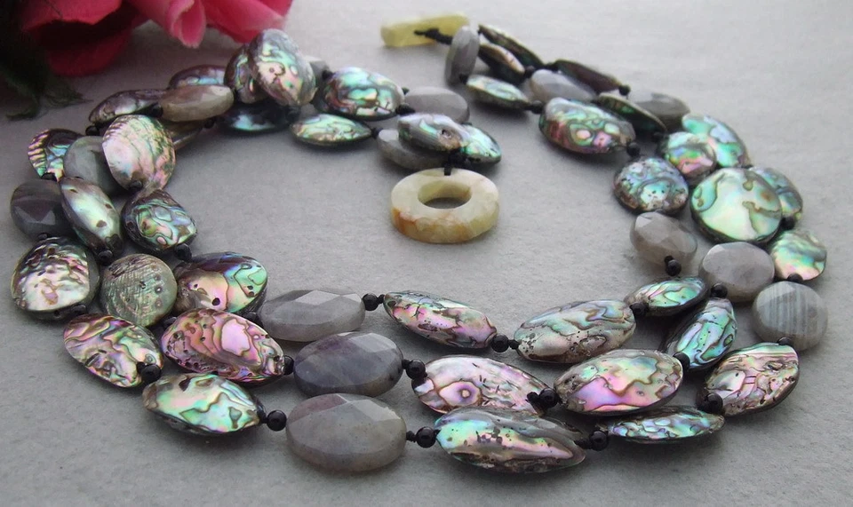 FC051009 3Steds Natural Paua Abalone Shell Oval Labradorite Onyx Necklace 19" - Image 3 of 3