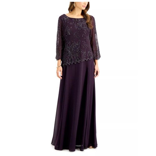 JKARA Maxi Dress Embellished Overlay Evening Gown Purple Beaded Sequins Sz 22W