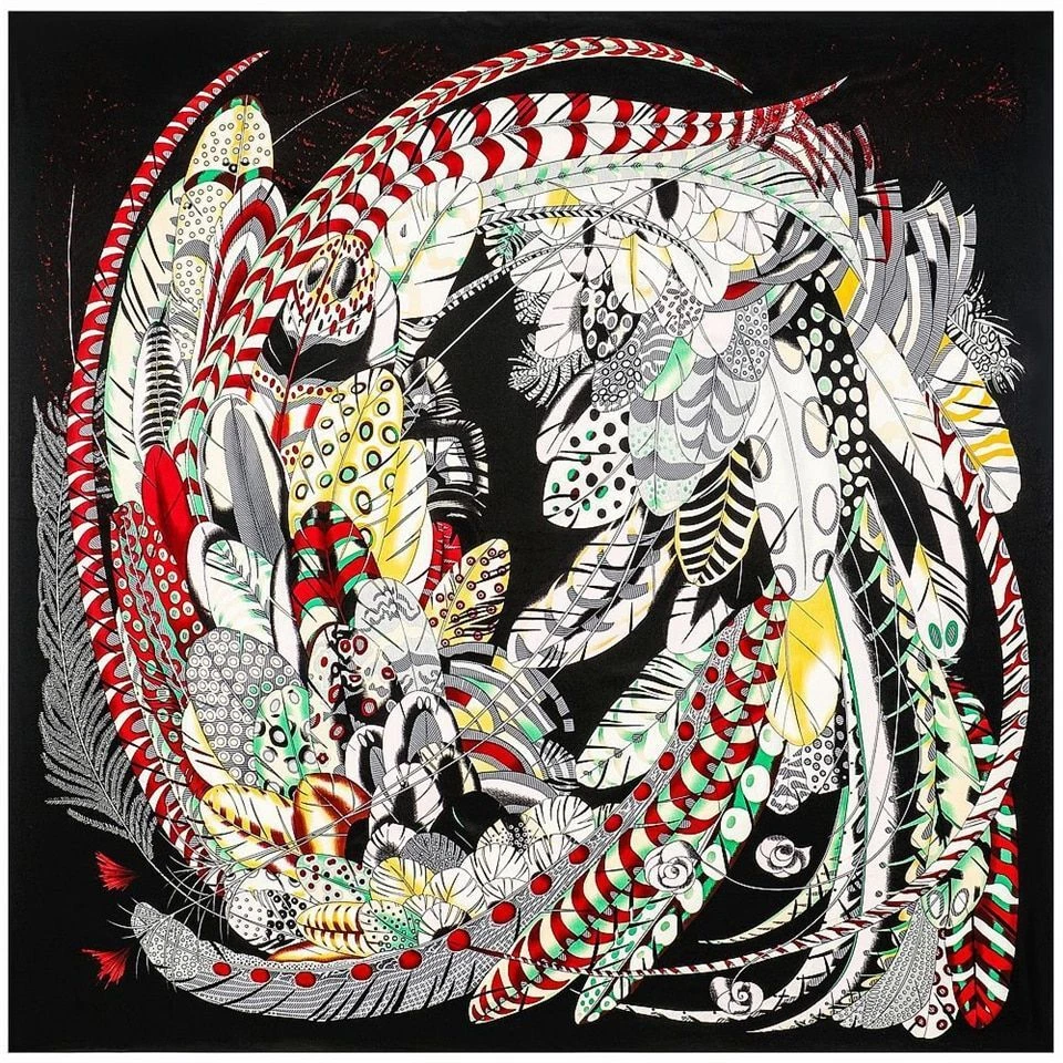 Juego de 1 pieza de bufandas cuadradas de seda con estampado de plumas chal pañuelo accesorios para mujer Foto 2 de 4