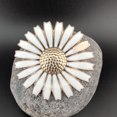 Daisy Brosche 925 Silber vergoldet Anton Michelsen weiße Emaille Dänemark 4,3 cm