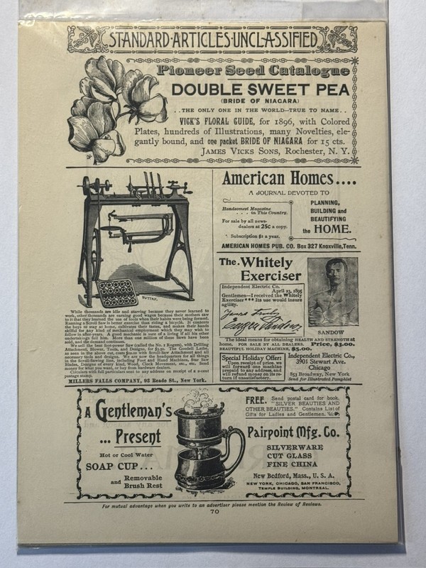 1895 Review of Reviews Ad Page – Vick’s Seeds, Millers Falls, Sandow