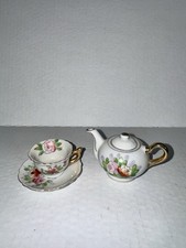 Vintage Miniature Tea Set Japan Floral Teapot Cup Saucer Dollhouse 3 Pc