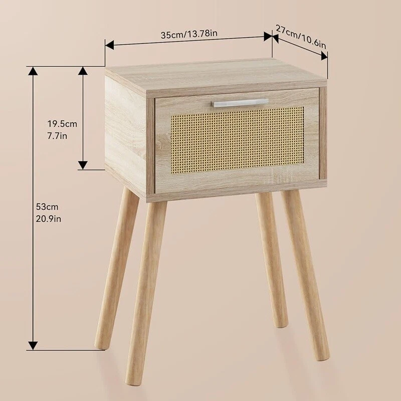 Juego de 2 Mesitas de Noche de Ratán Hechas a Mano Modernas Patas de Madera Maciza Espacio Pequeño Foto 3 de 4
