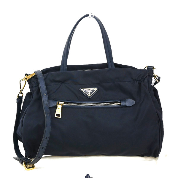 PRADA Logo Tessuto 2Way Shoulder Hand Bag Nylon Leather Navy Blue Italy 79KC009