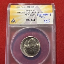 1998 p jefferson nickel Off Center ANACS Ms 64