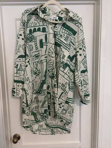 ottod'Ame Green/White Abstract Shirt Dress Long Sleeve Collared Button Size S