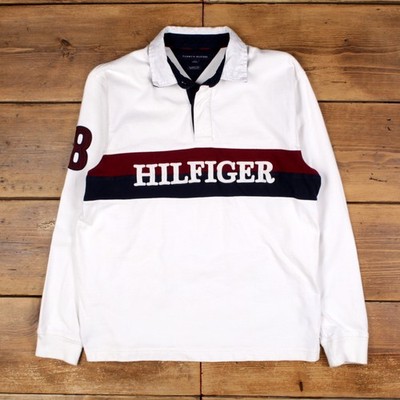 Tommy Hilfiger Rugby Shirt L Herren 00s weiß Spellout Langarm Kragen Preppy