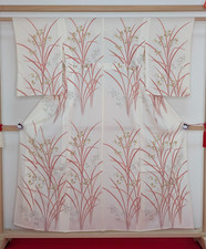 Vintage Japanese Summer Kimono Silk White Komon Red Wild Leaves Pattern Ro Weave