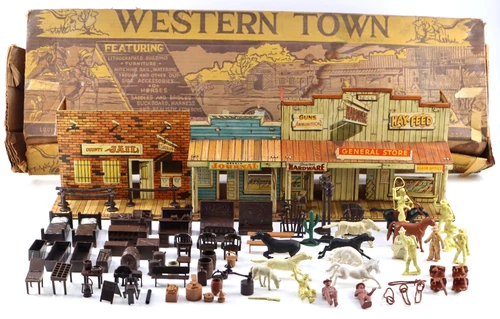 Vintage Marx Western Town Tin Buildings Music Hall 27 3/4" Long USA Roy Rogers